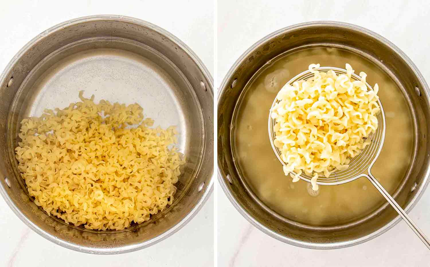 process shots showing how to make cabbage and noodles with sausage.