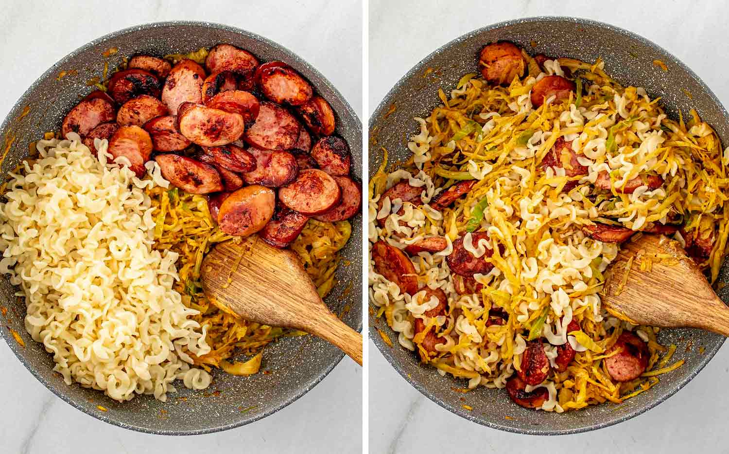 process shots showing how to make cabbage and noodles with sausage.