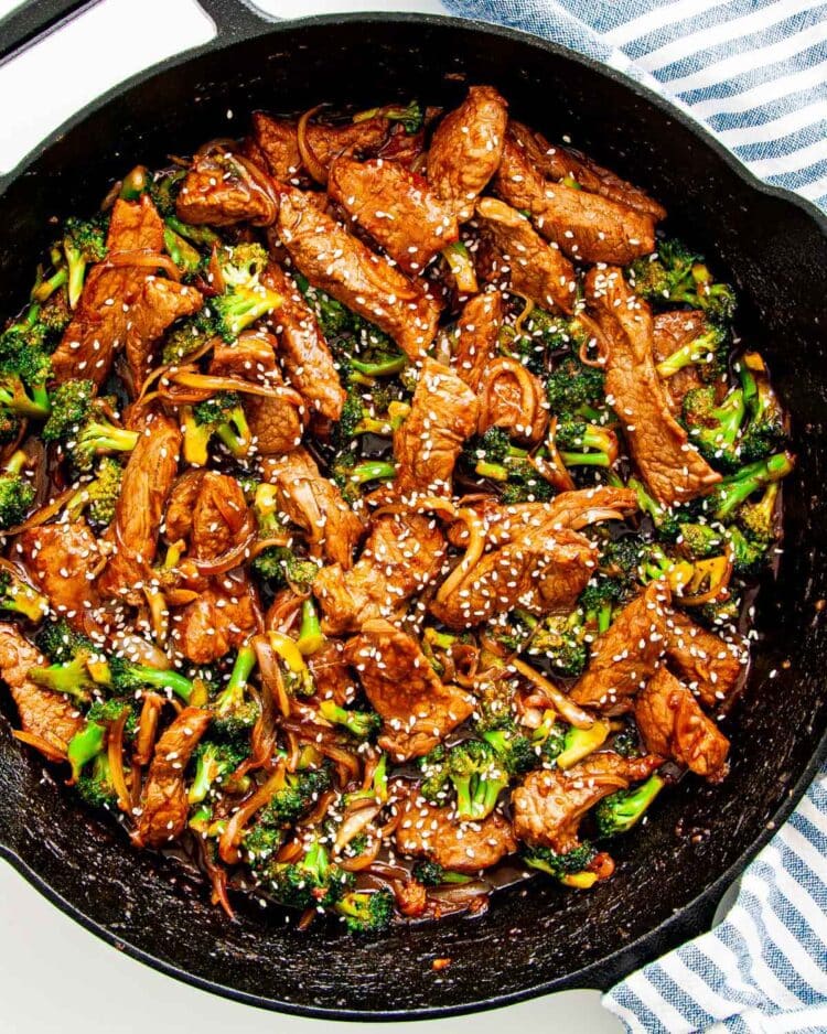 overhead shot of beef and broccoli in a skillet