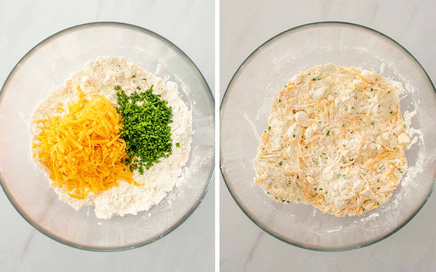 process shots showing how to make cheddar chive biscuits.
