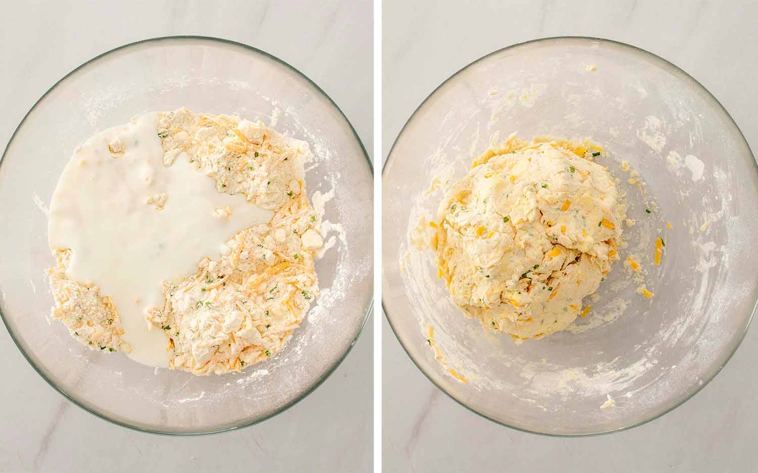 process shots showing how to make cheddar chive biscuits.