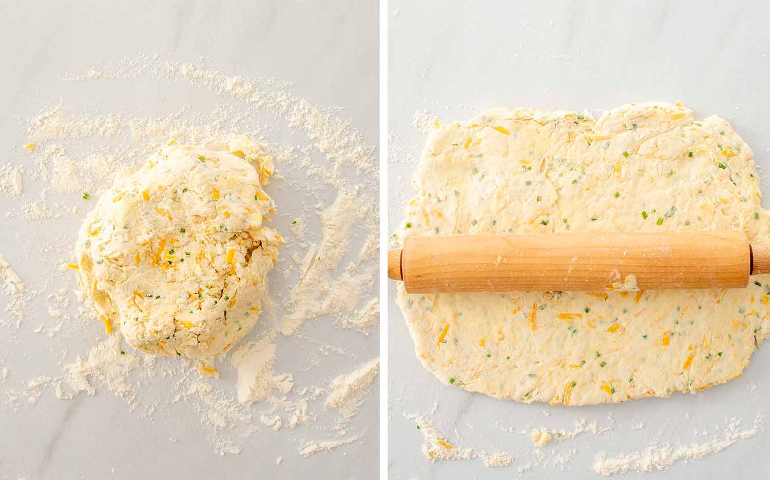 process shots showing how to make cheddar chive biscuits.