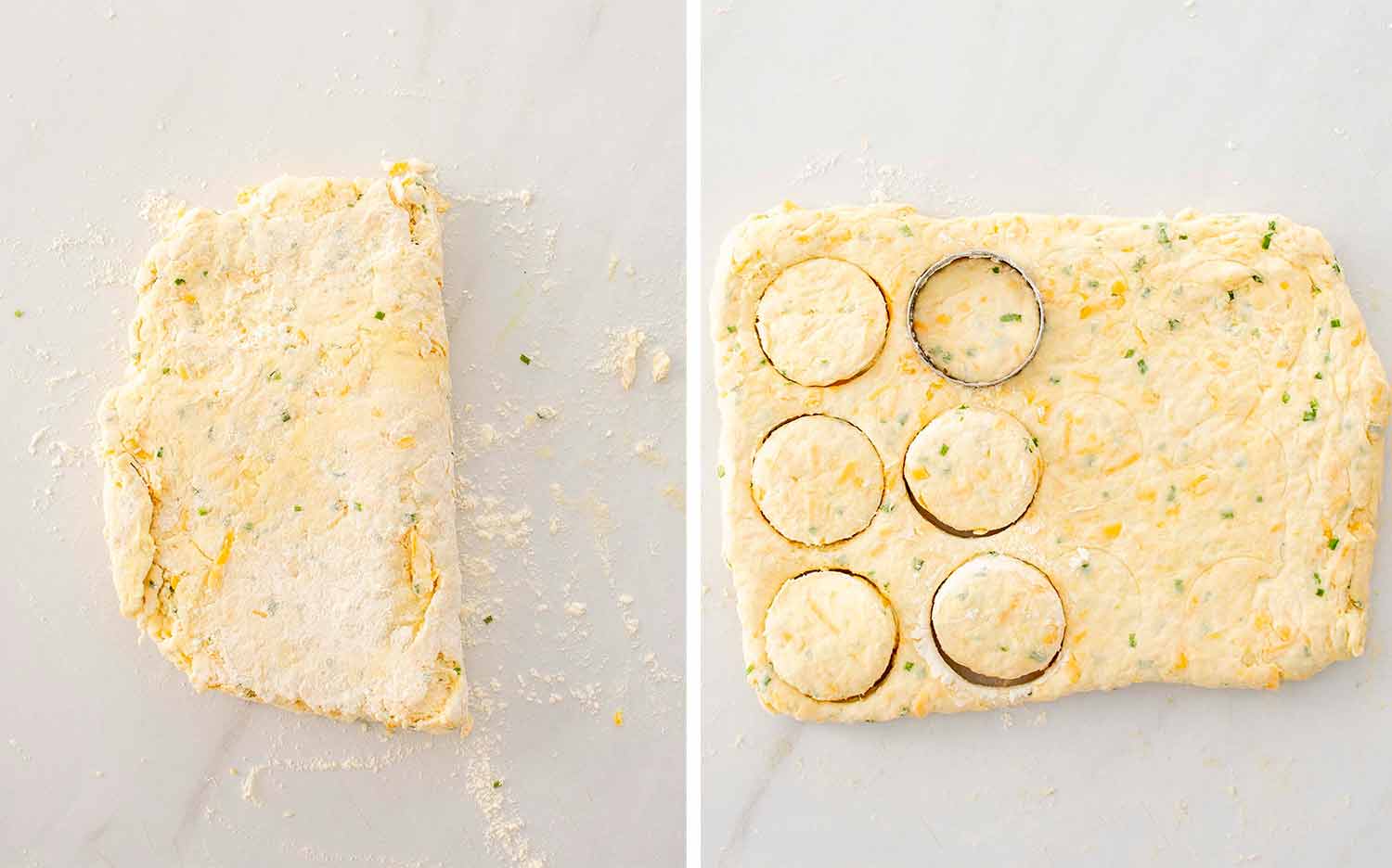 process shots showing how to make cheddar chive biscuits.