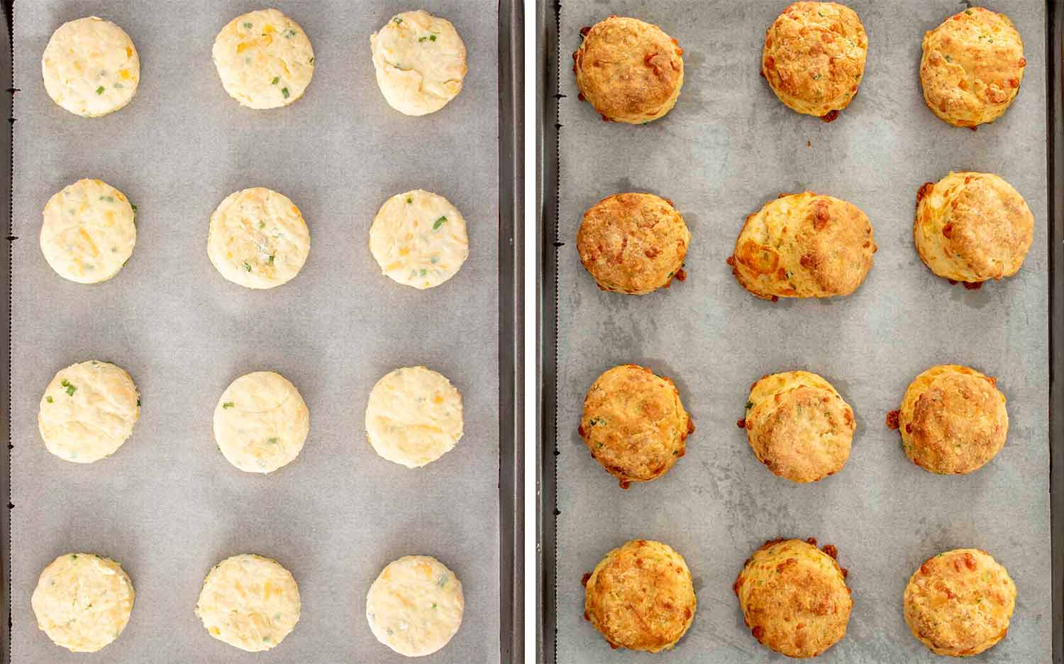 process shots showing how to make cheddar chive biscuits.