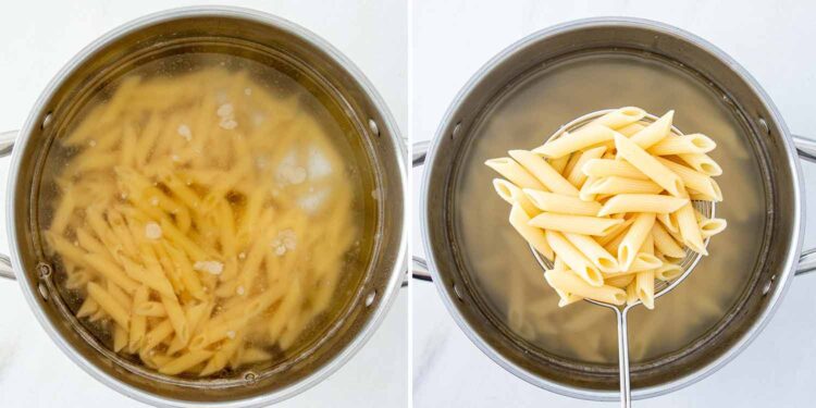 process shots showing how to make cheesesteak pasta.