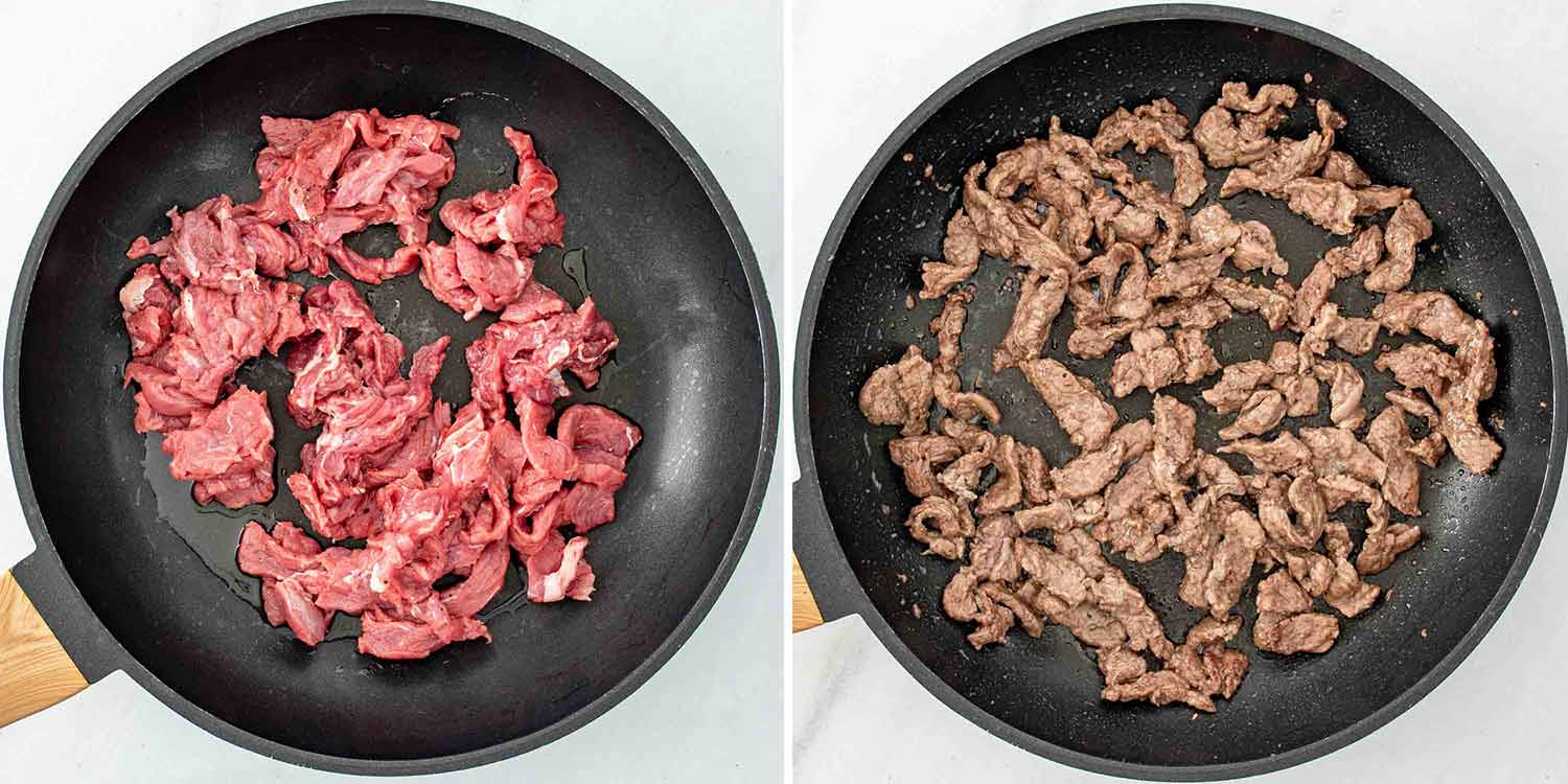 process shots showing how to make cheesesteak pasta.