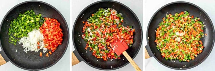 process shots showing how to make cheesesteak pasta.