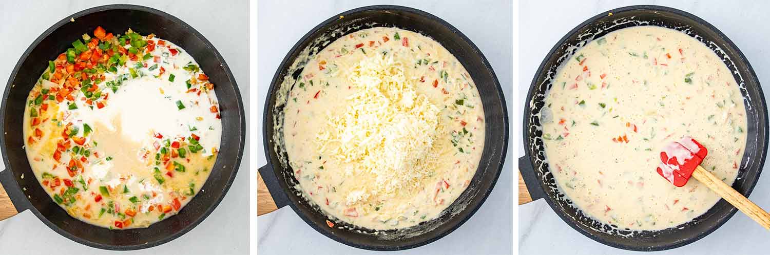 process shots showing how to make cheesesteak pasta.