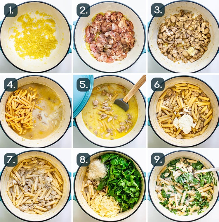 Cheesy Chicken Pasta process shots showing how to make cheesy chicken pasta