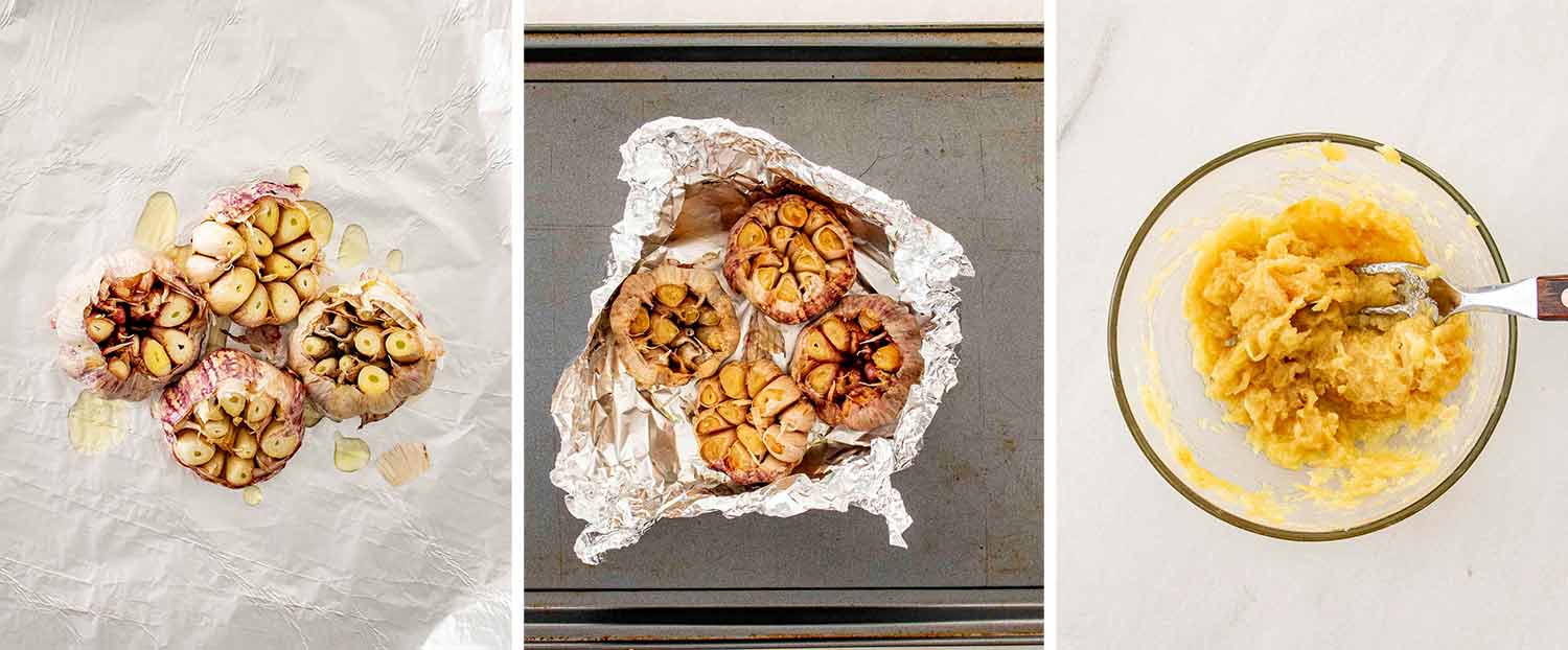 process shots showing how to make cheesy roasted garlic dip.