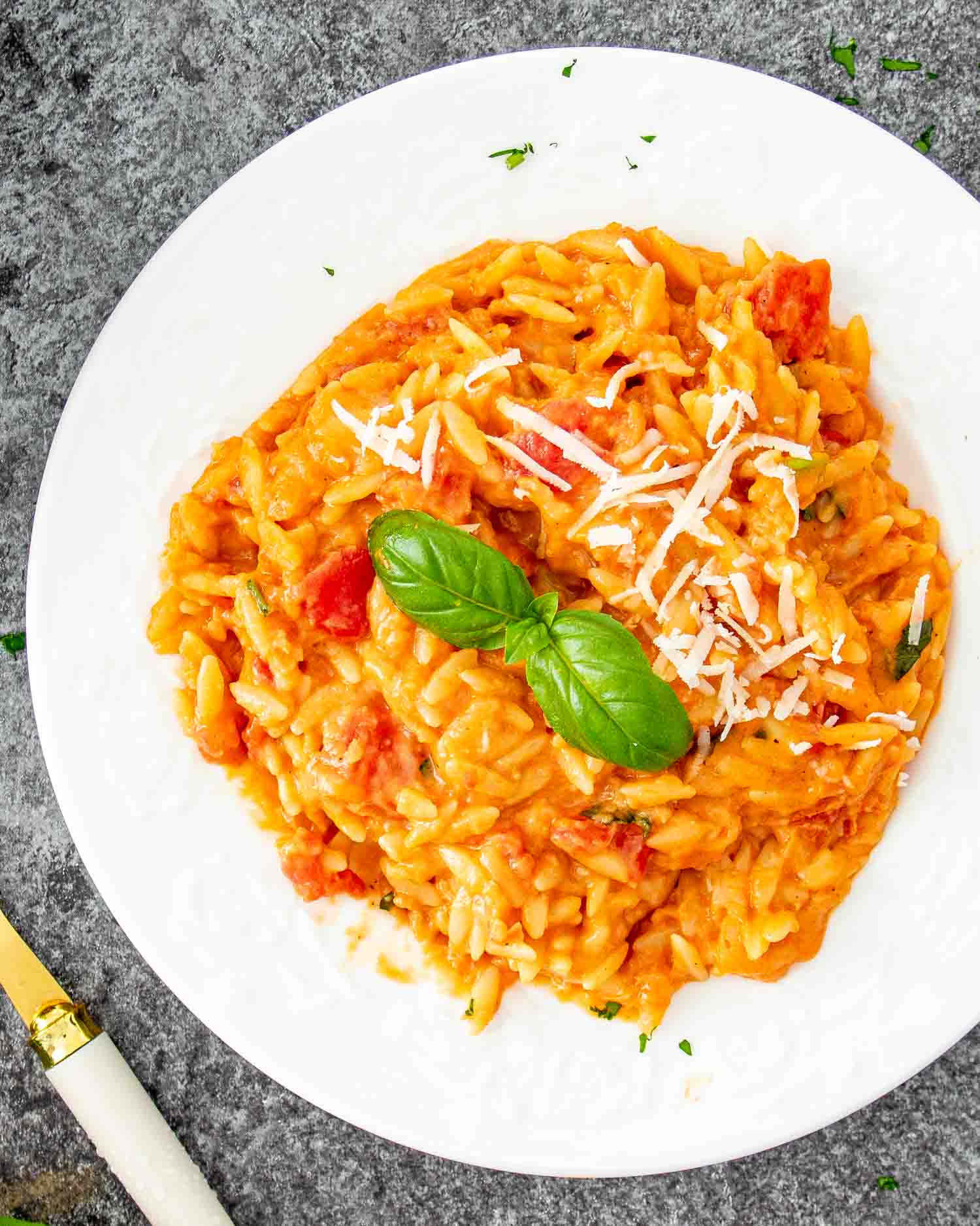 a serving of cheesy tomato basil orzo on a white plate.