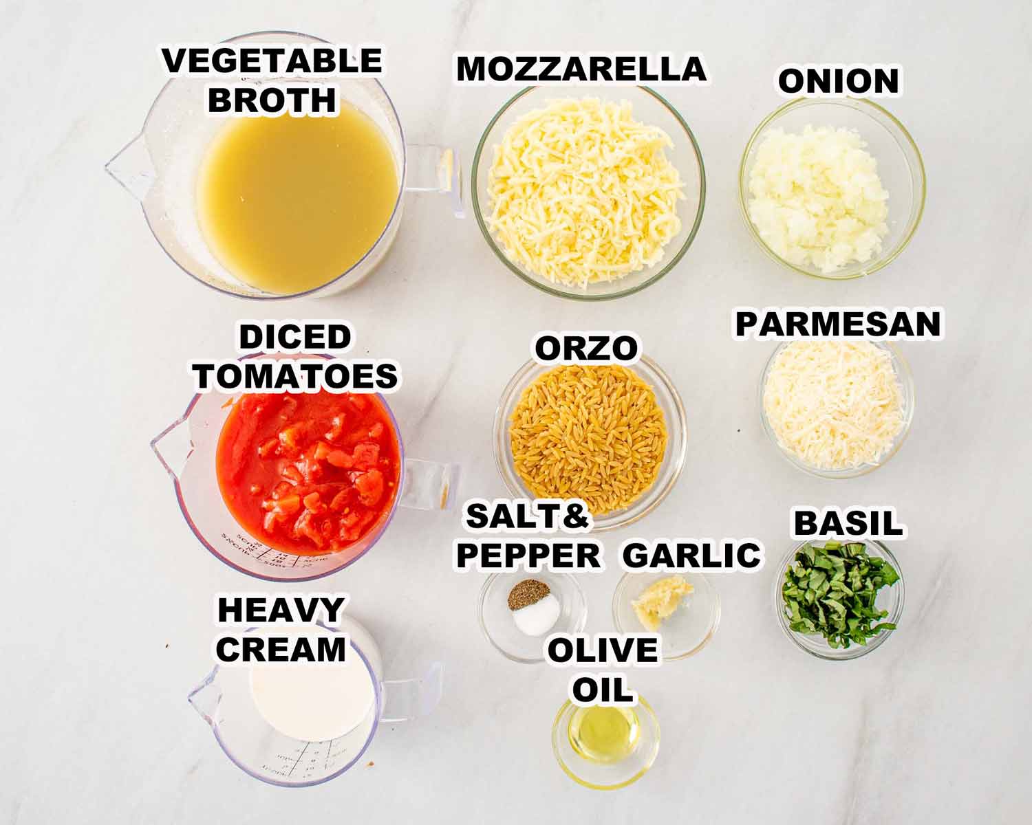 ingredients needed to make cheesy tomato basil orzo.