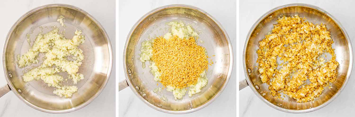 process shots showing how to make cheesy tomato basil orzo.