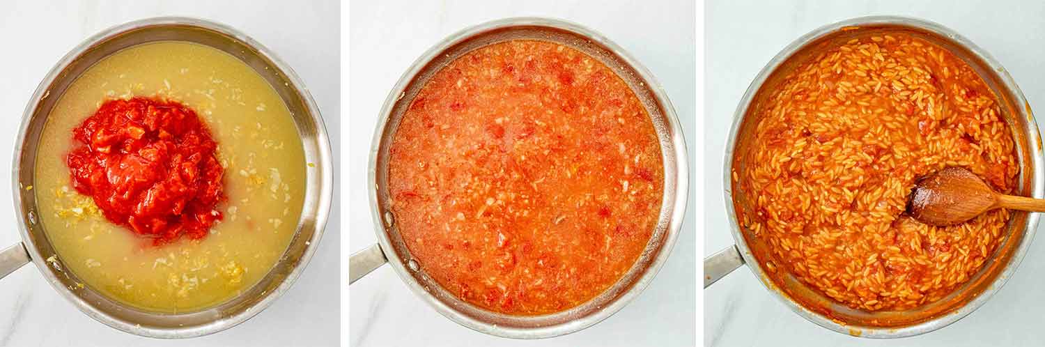 process shots showing how to make cheesy tomato basil orzo.