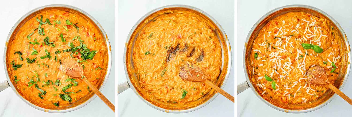 process shots showing how to make cheesy tomato basil orzo.