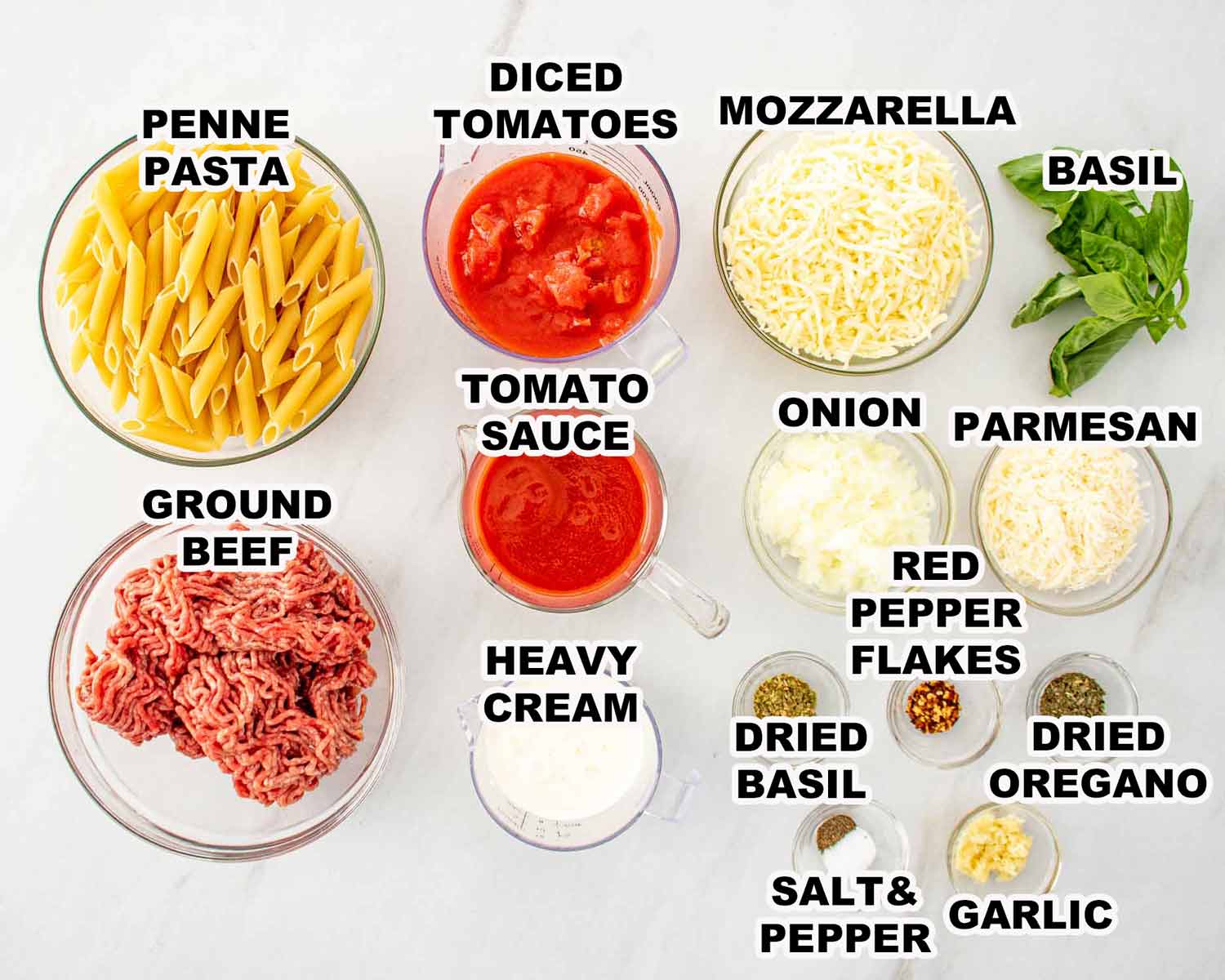 ingredients needed to make cheesy tomato beef pasta bake.
