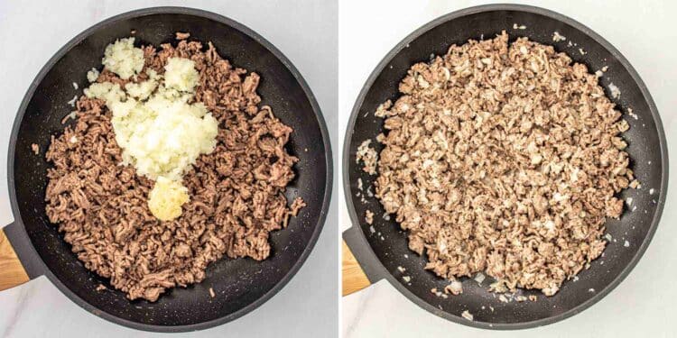 process shots showing how to make cheesy tomato beef pasta bake.