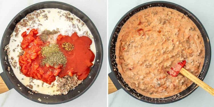 process shots showing how to make cheesy tomato beef pasta bake.