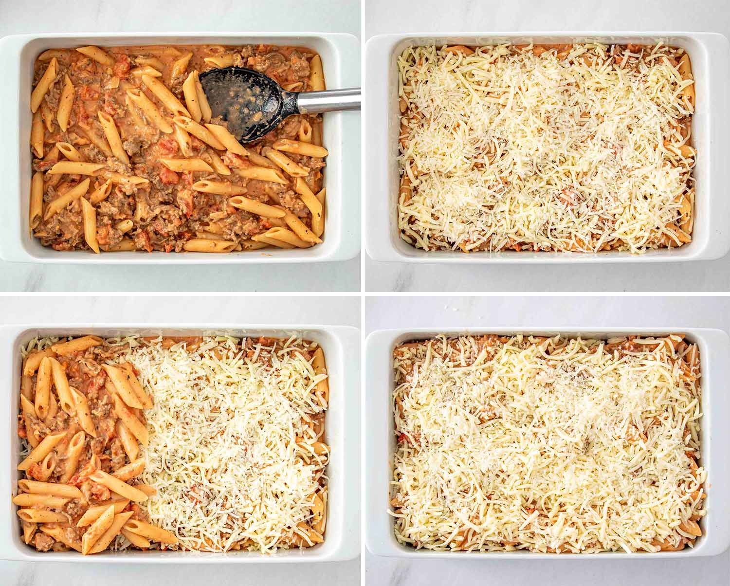 process shots showing how to make cheesy tomato beef pasta bake.