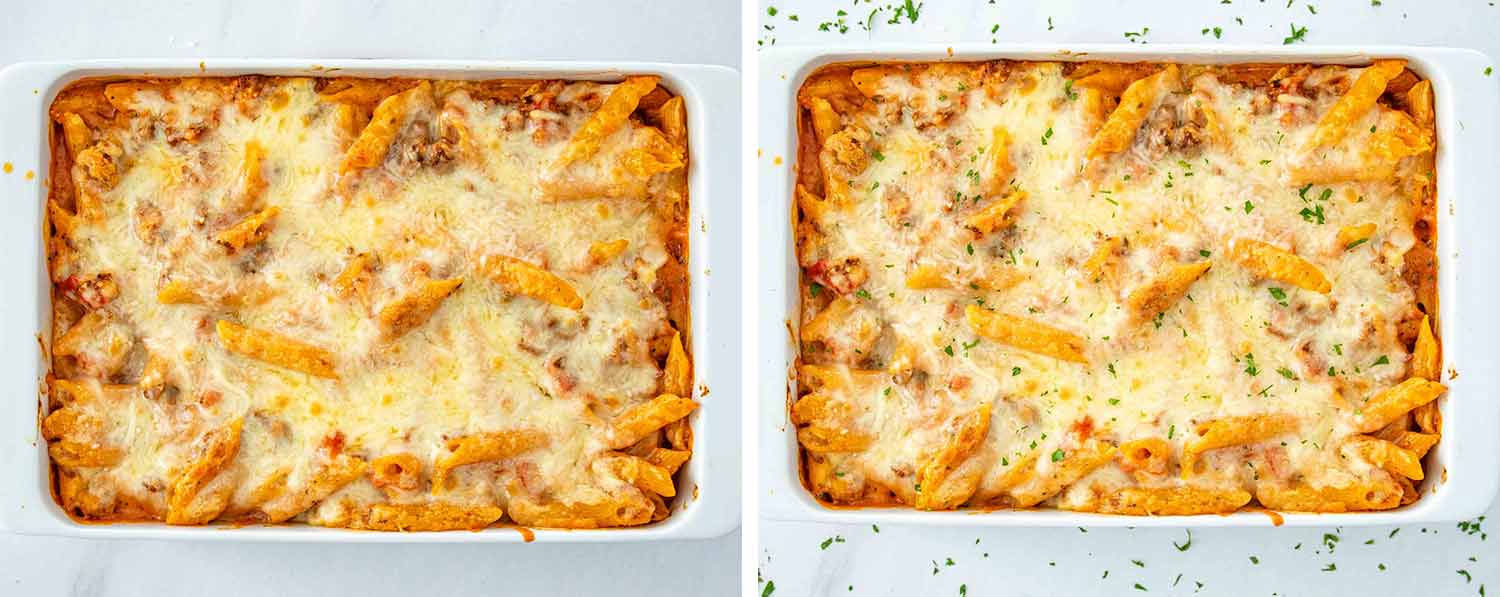 process shots showing how to make cheesy tomato beef pasta bake.