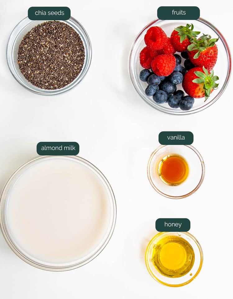 overhead shot of ingredients needed to make chia pudding
