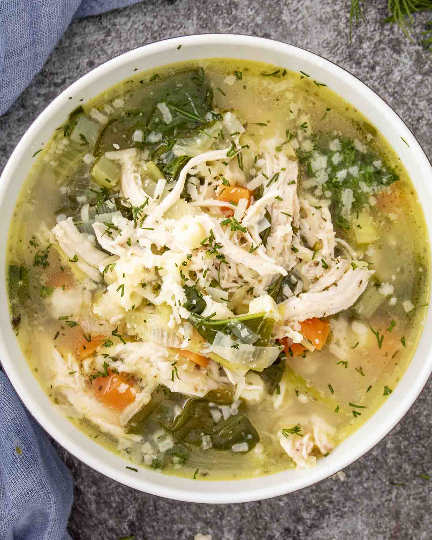 a serving of chicken and leek soup in a bowl garnished with a bit of Parmesan cheese.