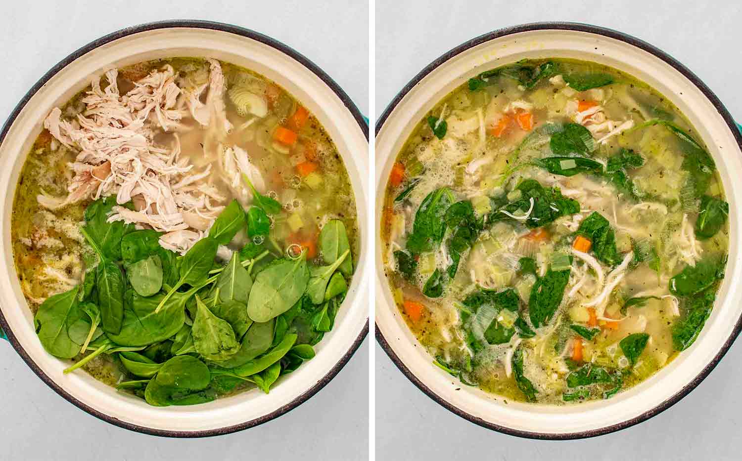 process shots showing how to make chicken and leek soup.