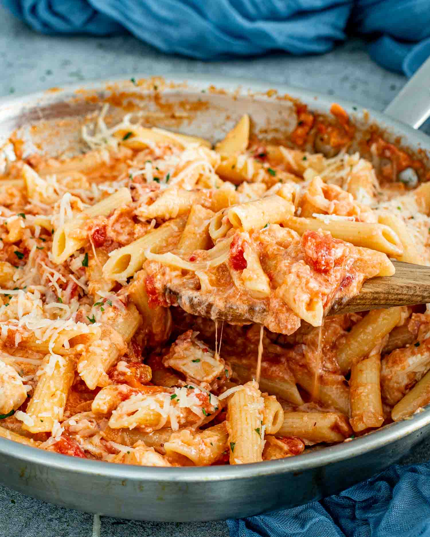 chicken bacon pasta in a skillet.