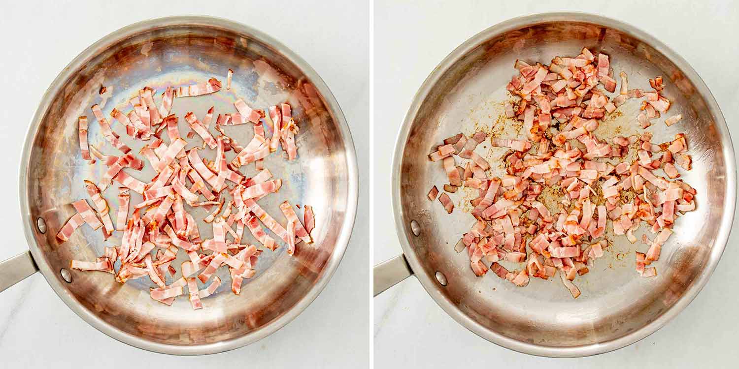 process shots showing how to make chicken bacon pasta.