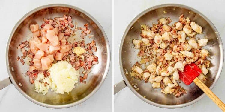 process shots showing how to make chicken bacon pasta.