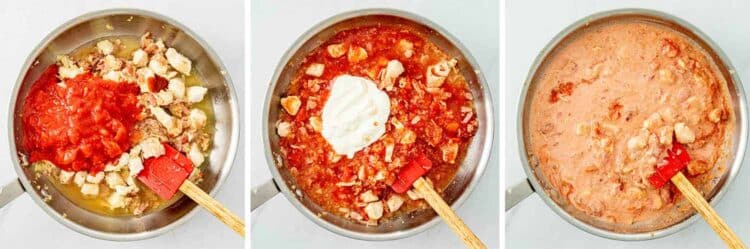 process shots showing how to make chicken bacon pasta.