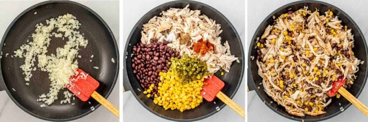 process shots showing how to make chicken enchilada casserole.