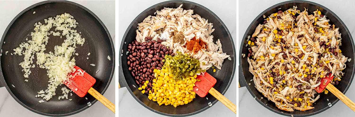 process shots showing how to make chicken enchilada casserole.