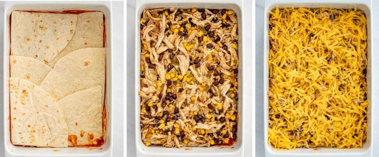 process shots showing how to make chicken enchilada casserole.