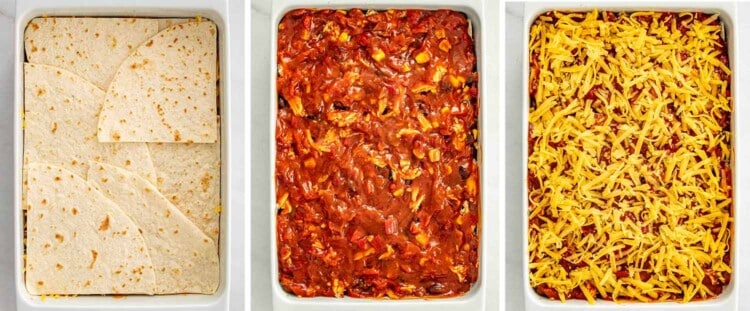 process shots showing how to make chicken enchilada casserole.