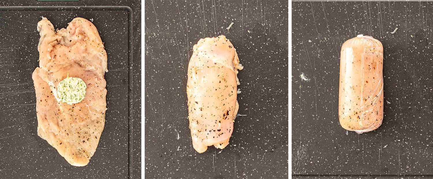 process shots showing how to make chicken kiev.