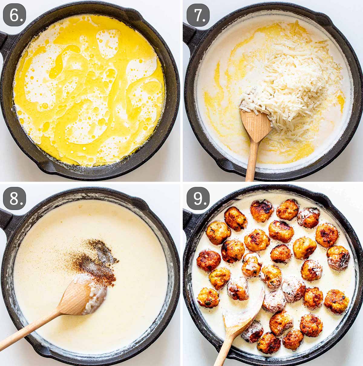 process shots showing how to make alfredo sauce for chicken meatballs.