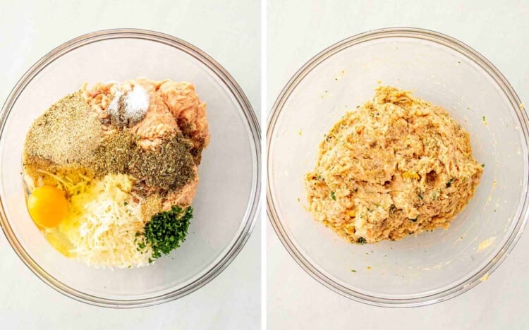 process shots showing how to make chicken parmesan meatballs.