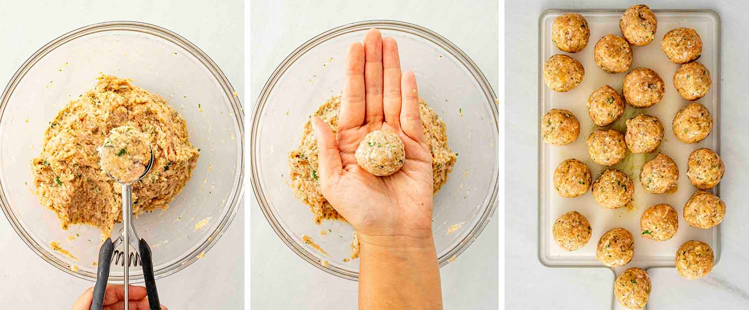 process shots showing how to make chicken parmesan meatballs.