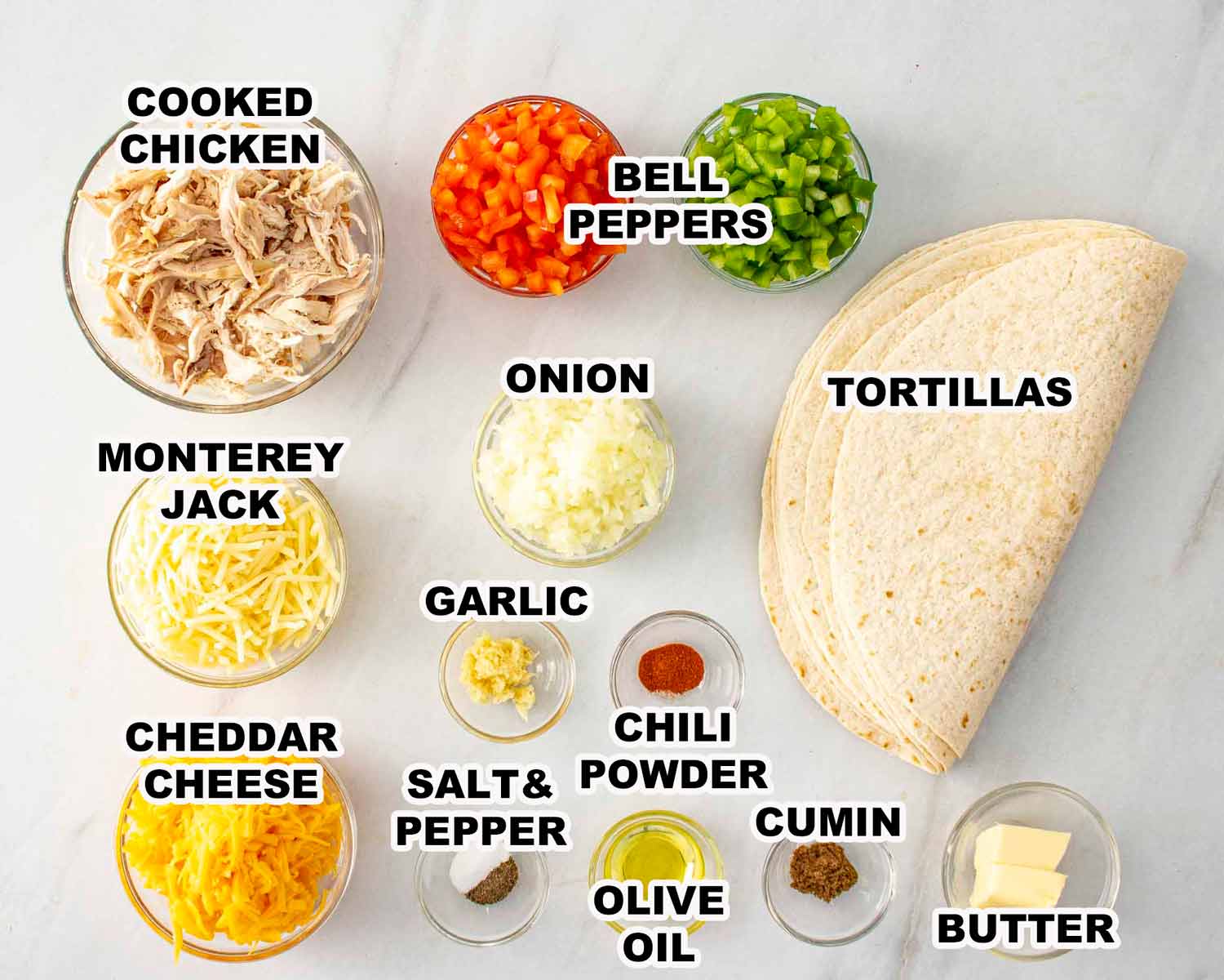 ingredients needed to make chicken quesadillas.