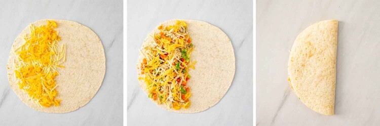 process shots showing how to make chicken quesadillas.