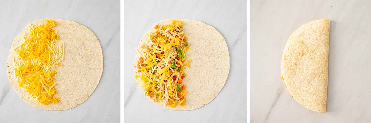 process shots showing how to make chicken quesadillas.