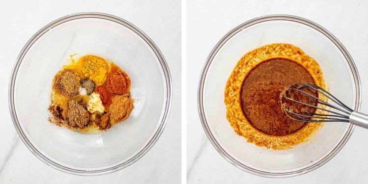 process shots showing how to make chicken shawarma.