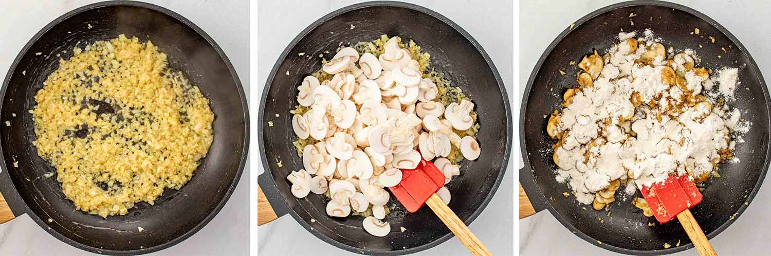 process shots showing how to make chicken tetrazzini.