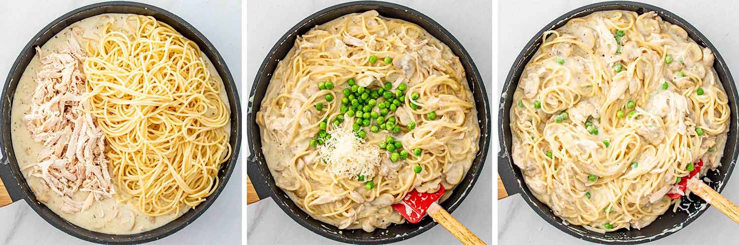 process shots showing how to make chicken tetrazzini.