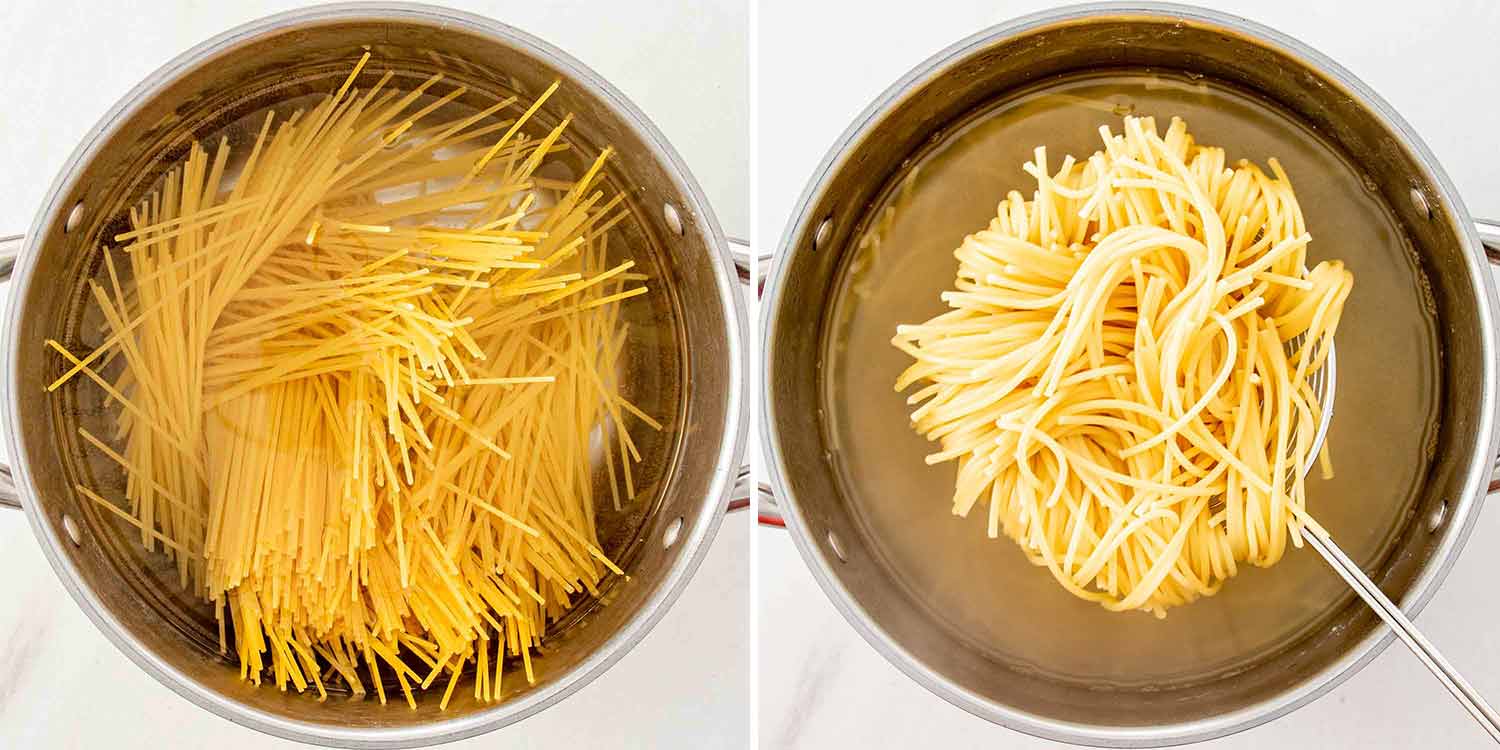 process shots showing how to make chicken tetrazzini.