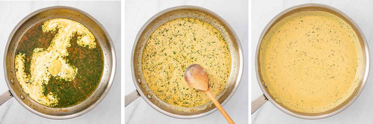 process shots showing how to make chicken thighs with creamy lemon dill sauce.