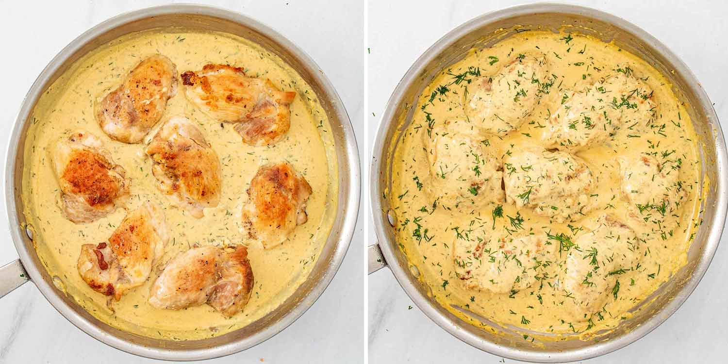 process shots showing how to make chicken thighs with creamy lemon dill sauce.