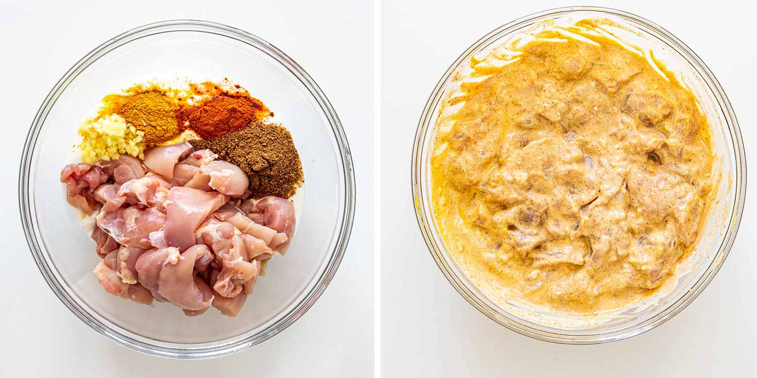 process shots showing how to make chicken tikka masala.