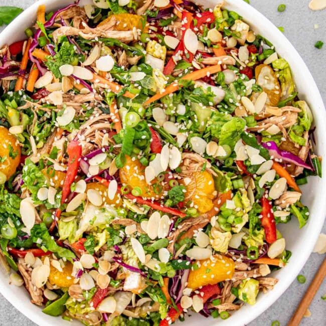 a gorgeous chinese chicken salad in a white salad bowl.
